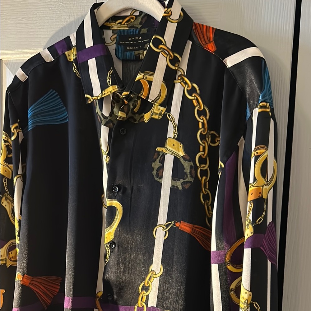 Zara Black Stripe and Gold Handcuff Chain Print Shirt, XL